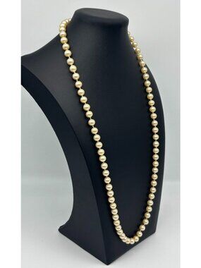Vintage Les Bernard Faux Pearl 24" Long Necklace Gold-Plated Barrel Clasp Signed